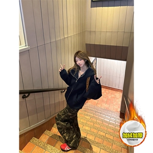 480G重磅加绒硬挺boxy 男女秋冬美式高街防风高领卫衣开衫厚外套图片
