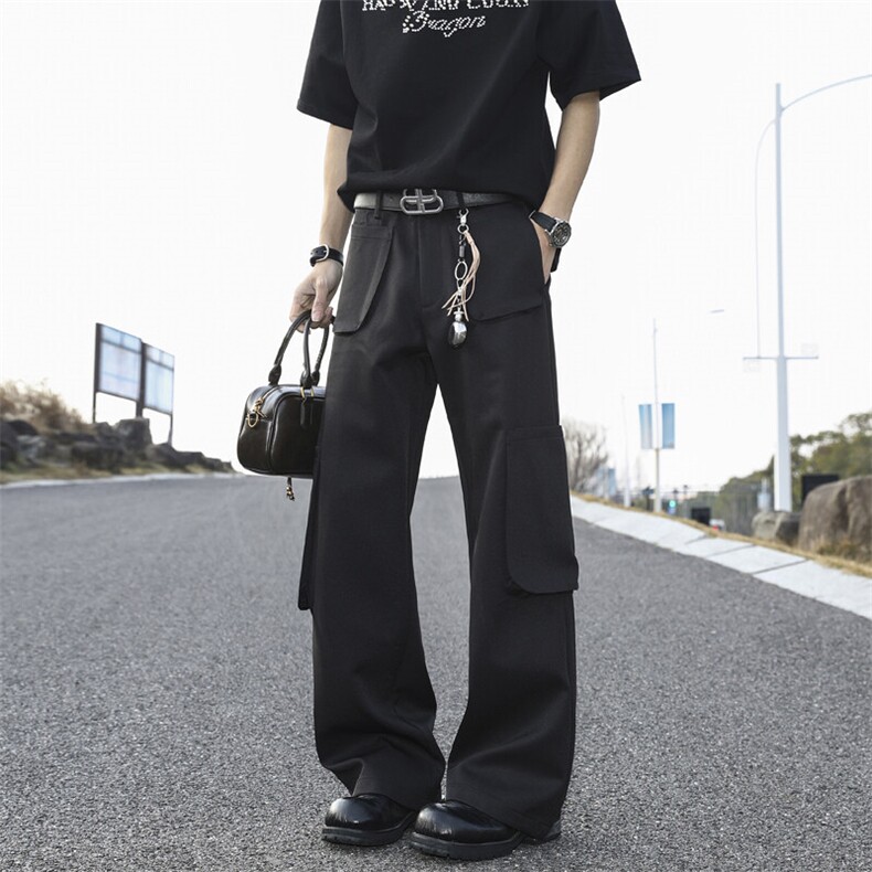 美式高街黑色多口袋弯刀工装裤男女西裤设计小众宽松直筒阔腿裤潮,男装西裤,星座601-1