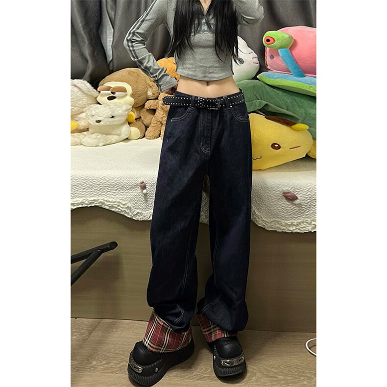 特批P40无差价秋季水洗复古中性男女格子卷边牛仔阔腿裤N9050图片