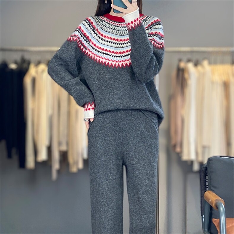 2025年秋季新款百搭女士虚线费尔岛7针套装,女装羊毛衫,宛庄羊绒