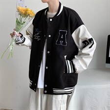 vibe美式棒球服男春秋黑白拼接飞行员夹克毛呢布皮袖BJ309P65，男装夹克，星座1116-2