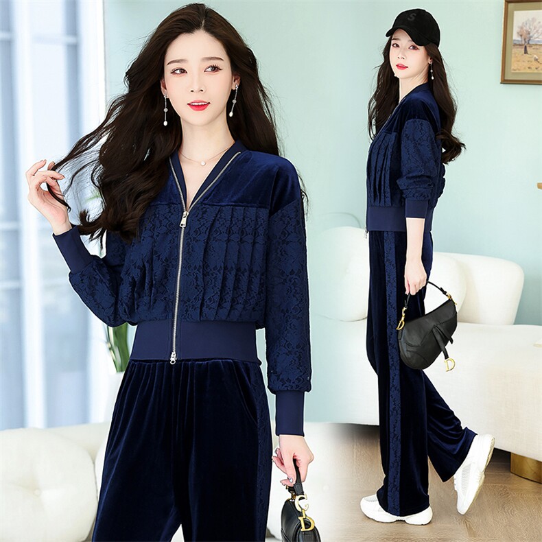 现货2023春装新品时尚两件套金丝绒蕾丝拼接套装,女装套装/套裙,依路服饰