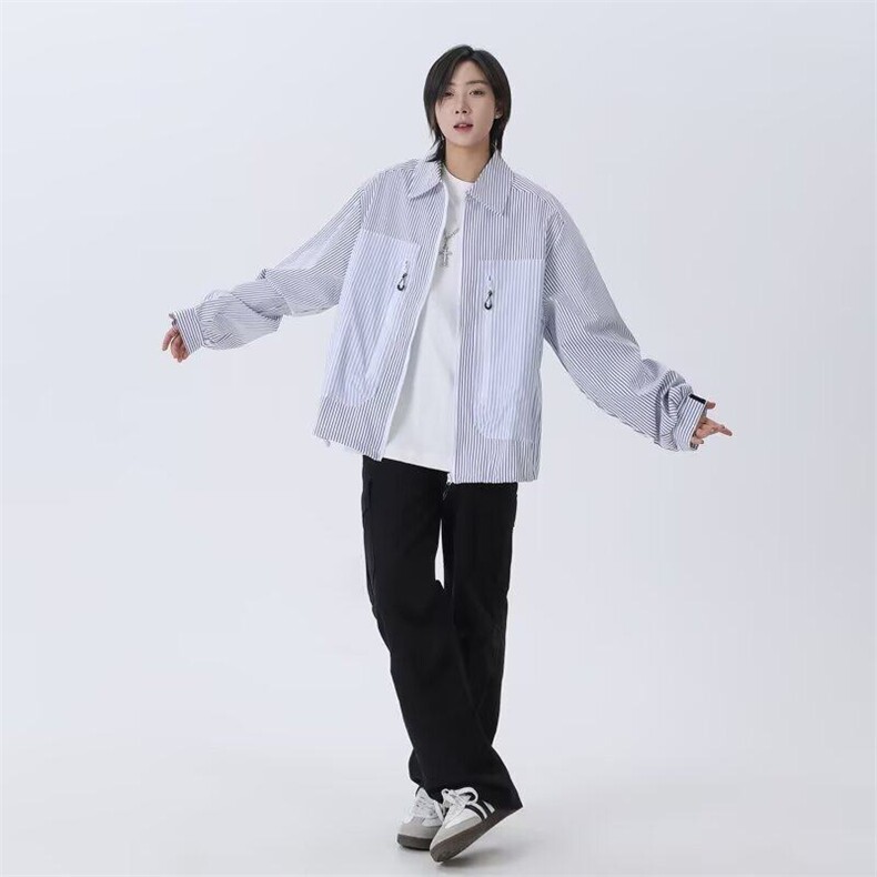 美式复古条纹衬衫夹克男女情侣款宽松休闲小众设计拼接衬衫防晒衣,男装夹克,星座601-1