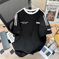 C320-P372024夏季美式复古织带条纹短袖t恤潮情侣宽松上衣现货，男装T恤，星座512-6