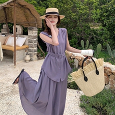 法式轻熟风小众不撞款无袖紫色上衣套装裙女夏松弛感半身裙两件套，女装套装/套裙，2C108