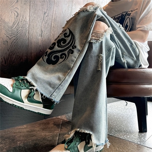 k1080-p55-控78 M-5XL 现货oversize cleanfit显瘦黄泥牛仔裤破洞图片