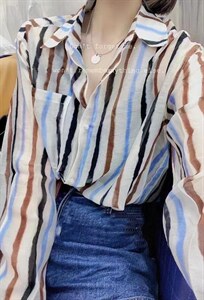 夏季新款欧洲站洋气彩色条纹时尚衬衫,女装衬衫,L·H·X