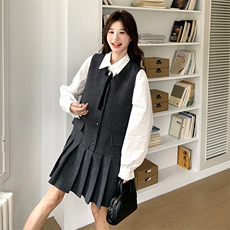 学院风无袖百褶西装裙套装2025年秋季新款女减龄衬衫背心裙两件套，女装套装/套裙，维壹