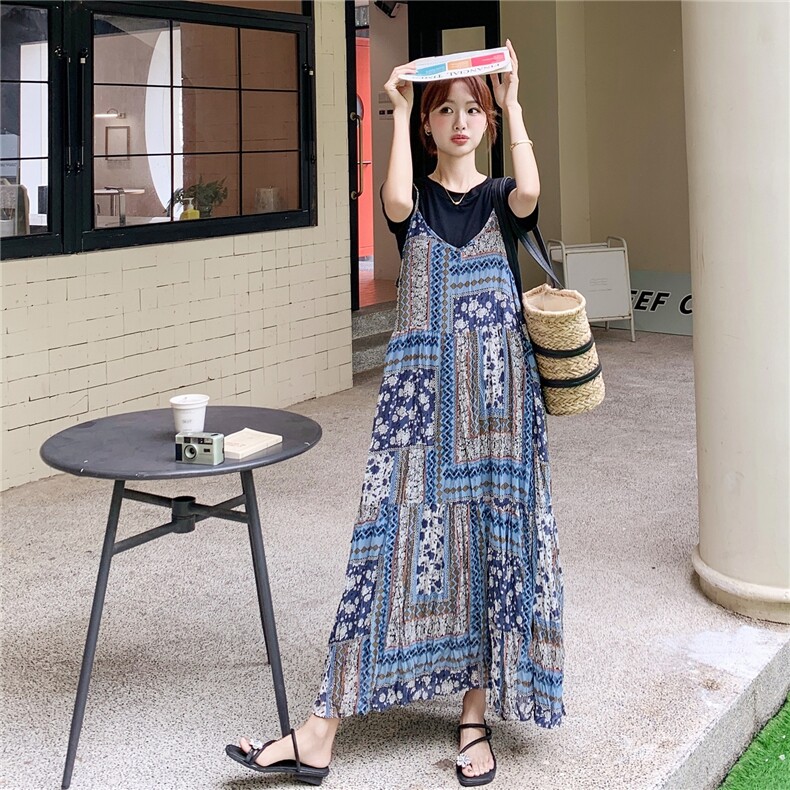 2025新款夏季复古淡人印花吊带裙套装女气质黑色T恤吊带裙两件套,女装套装/套裙,2C176