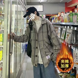 秋冬款加厚呢大衣格子毛呢外套男潮牌痞帅宽松休闲夹棉夹克图片