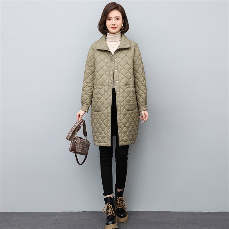 2023年冬季休闲中长款翻领绗棉棉衣,女装棉衣/棉服,文熹诺