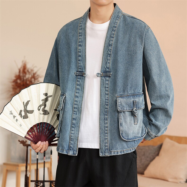 秋冬大码道袍日系复古牛仔外套盘扣新中式夹克风潮F26/P110,男装工装外套,钱塘713