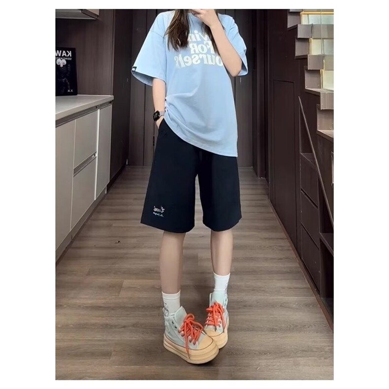 夏季刺绣运动短裤女宽松2025新款泡泡格休闲中裤美式速干五分裤子,男装牛仔裤,星座506A