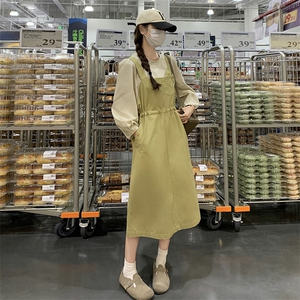 背带裙俩件套装女2025新款春秋新款长袖收腰显瘦气质减龄连衣裙子,背带裙穿搭小个子图片