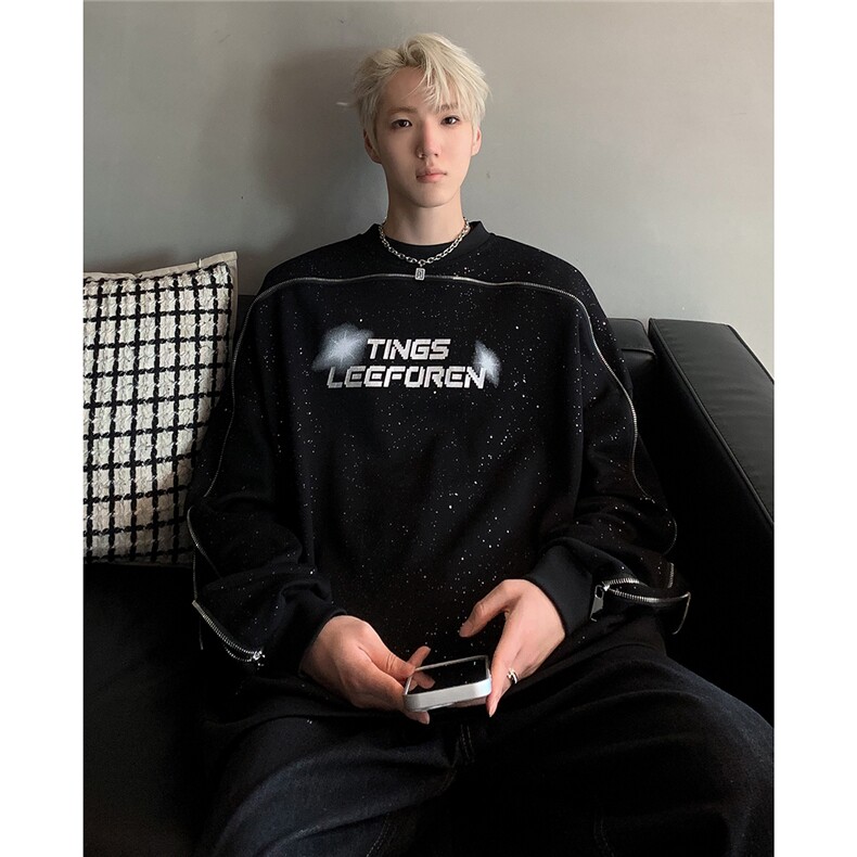 美式复古满天星多拉链拼接解构圆领卫衣男女宽松秋冬外套W89-P78，女装短外套，电商C307A