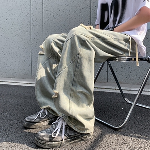 美式潮牌高街水洗做旧破洞牛仔裤夏季宽松复古休闲阔腿裤图片