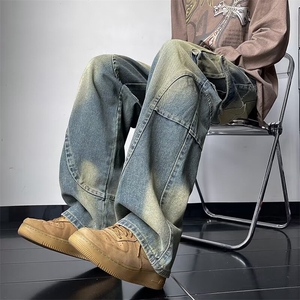 美式复古解构春秋季做旧水洗牛仔裤男款宽松休闲直筒工装裤子潮牌图片