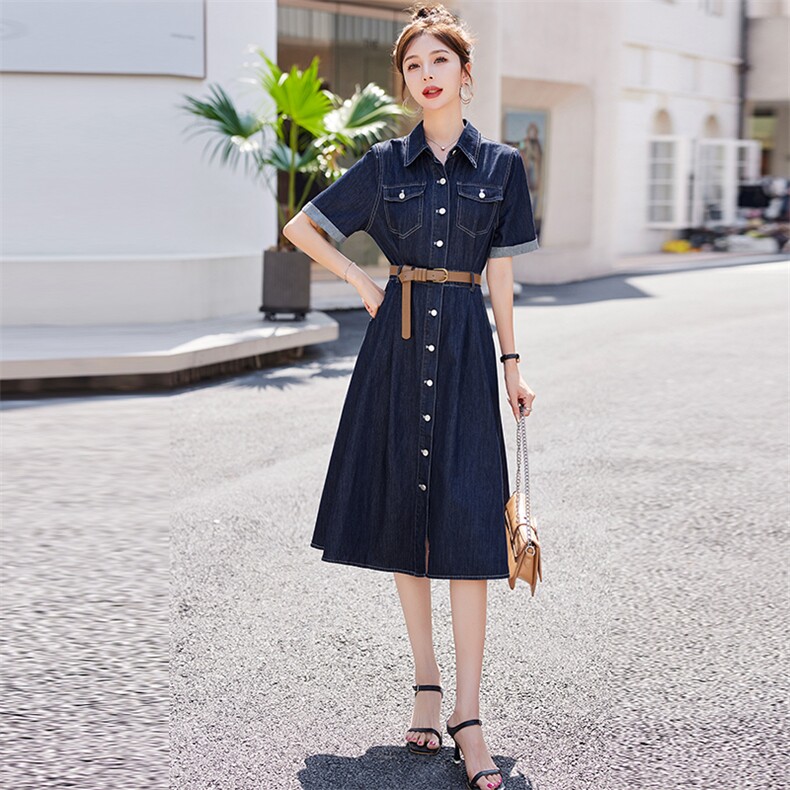 牛仔连衣裙女2025年夏季新款韩版中长款显瘦气质a字裙过膝衬衫裙,女装连衣裙,美沁