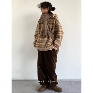 1506/QW1010/P63新款日系半拉链加厚毛呢连帽条纹卫衣男情侣外套,靴子短裙搭配女图片