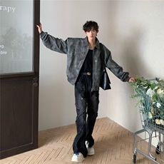 美式复古做旧色夹克男女春秋拉链装饰PU皮衣外套男上衣W6652-P75，男装皮衣，星座412-1