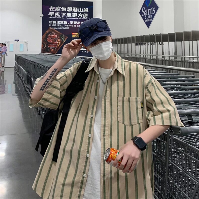 夏季复古条纹短袖衬衫男潮牌街头宽松休闲百搭衬衣外套GC808-P35,男装衬衫,星座1008