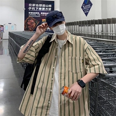 夏季复古条纹短袖衬衫男潮牌街头宽松休闲百搭衬衣外套GC808-P35，男装衬衫，星座1008