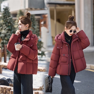 红色短款羽绒服女2024冬新款高级感加厚连帽保暖白鸭绒面包服外套图片