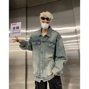 复古做旧牛仔外套夹克男生美式vintage宽松重工水洗痞帅短款褂子图片