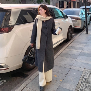 现货新款双面羊毛呢针织帽可脱卸气质款女士精品羊毛大衣图片