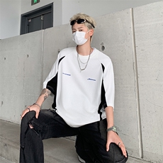 夏季美式潮牌宽松圆领T恤运动短袖男女拼接设计感赛车服DT044-p36，男装T恤，星座1008