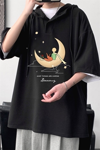LD54416-P45NASA 连帽短袖t恤男大码胖子带帽五分袖中袖图片