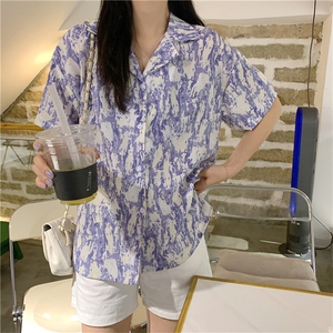 D640-P35 夏港味复古小众设计感水墨印花衬衫宽松翻领上衣图片