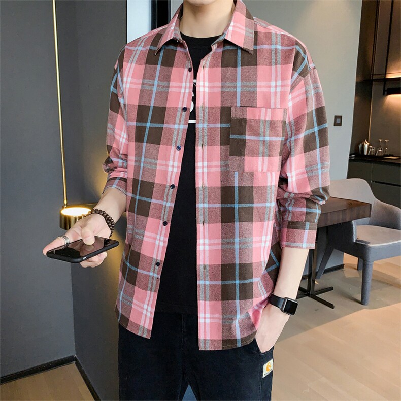 男士秋季格子衬衫长袖休闲潮流衬衣外套男衫衣DF10T图片