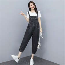 短袖牛仔背带裤套装女2023夏季新款女装韩版时尚休闲两件套套裤潮，女装套装/套裙，慧尚依恋