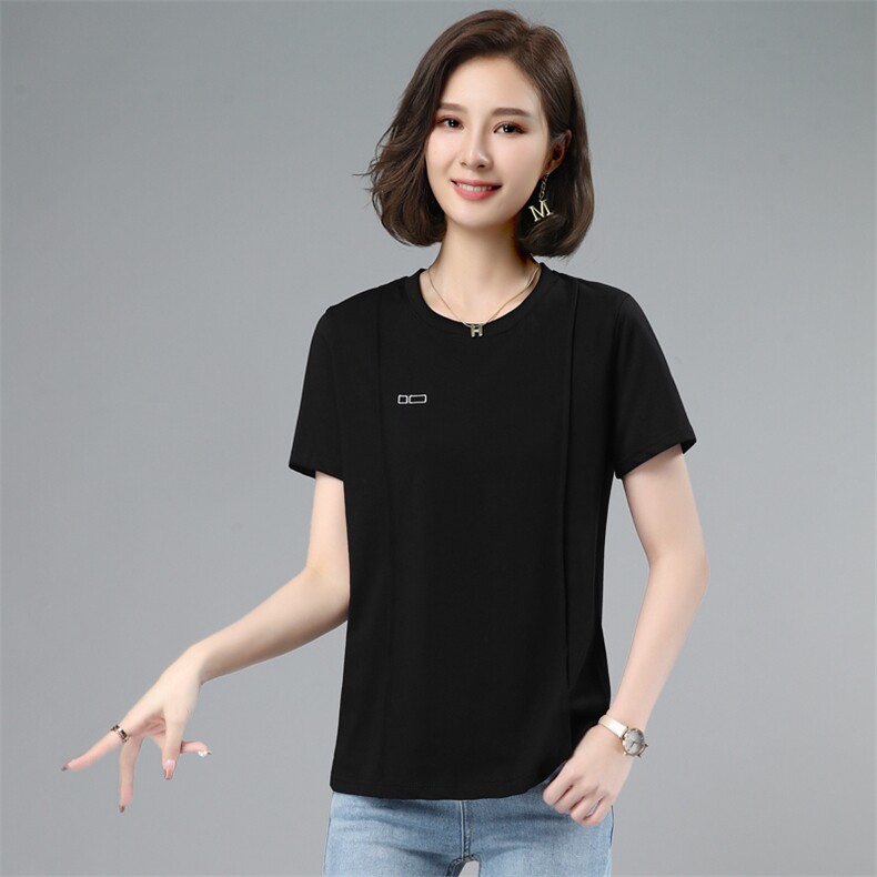 板酷2026夏装新款时尚刺绣黑色圆领T恤B612,女装T恤,板酷