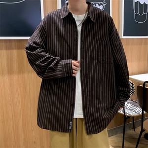 长袖衬衫男秋季条纹宽松男衬衫外套日系ins潮牌港风休闲上衣图片
