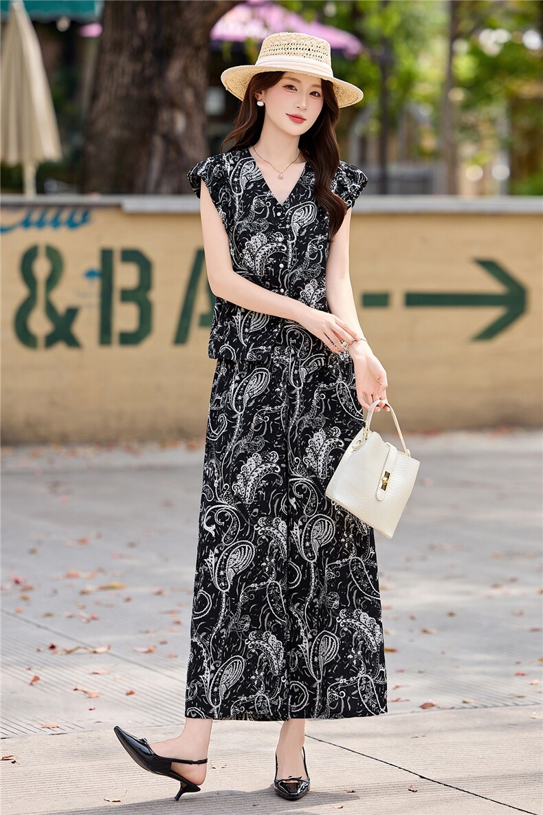 现货新款罗得堡2026夏季时尚印花修身两件套2712,女装套装/套裙,罗得堡