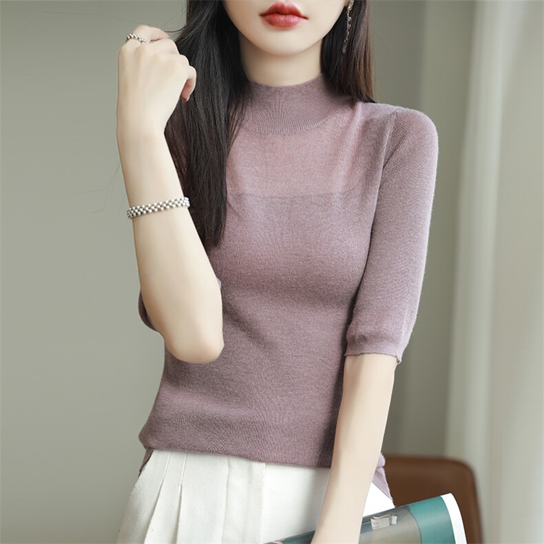 半高领中袖精纺羊毛衫修身显瘦薄款针织衫内搭早秋气质五分袖上衣，女装羊毛衫，朝思羊绒