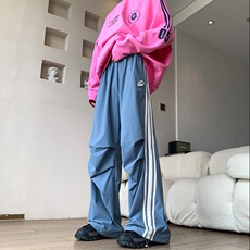 港风秋款男休闲裤三条杠条纹刺绣褶皱宽松长裤h0503P40，男装休闲裤，星座1013-1
