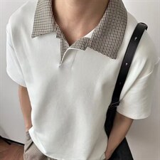 千鸟格拼接polo衫短袖男夏季老钱风复古正肩T恤cleanfit重磅半袖，男装T恤，星座715-4