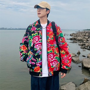 J01男女棒球领夹克外套东北大花汉服开衫左右拼接撞色潮男女图片