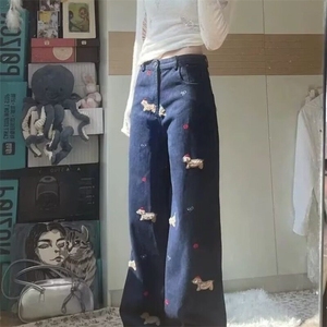 美式复古创意卡通高腰牛仔裤女秋季宽松阔腿设计感休闲百搭长裤子