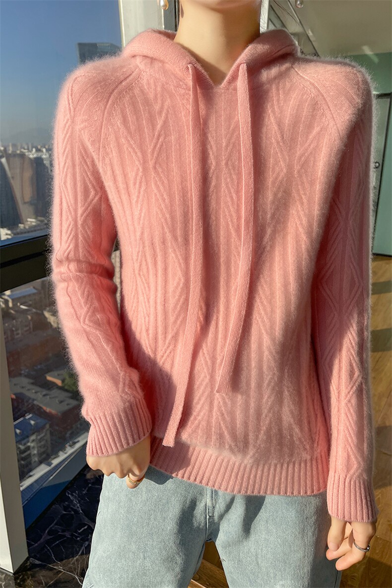 时尚百搭连帽抽绳羊毛衫女宽松显瘦长袖毛衣,女装羊毛衫,宇灿羊绒