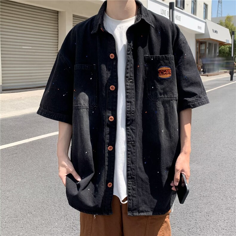 夏季短袖牛仔衬衫男港风日系小众设计感休闲宽松半袖外套C983 p55图片