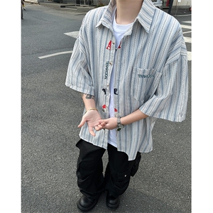 春夏季潮牌复古刺绣条纹短袖衬衫男女宽松情侣百搭衬衣CS23-P40图片