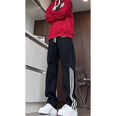 休闲运动裤男士2024春秋新款潮牌条纹直筒阔腿裤美式垂感百搭长裤，男装休闲裤，星座506A