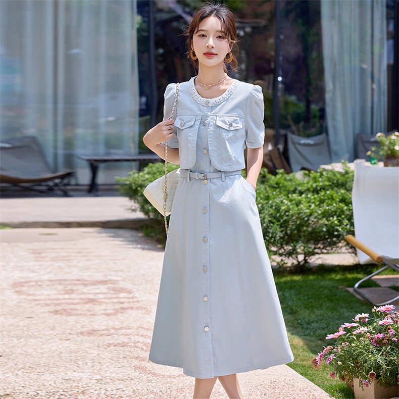 清新减龄蓝色牛仔连衣裙女2025夏季新款小个子收腰气质显瘦衬衫裙,女装连衣裙,沁沁公主