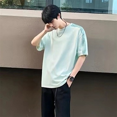 抖音得物品质二开240克宽松纯棉美式潮牌印花三条杠中性风短袖T恤，男装T恤，电商A486-1