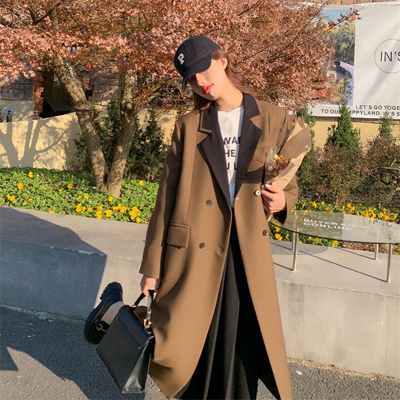 23年新款拼色长款韩版西装外套,女装西装,菡迪欧娜
