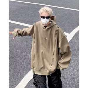 A958-P48 秋季小众双拉链设计感上衣男美式高街宽松嘻哈连帽卫衣图片